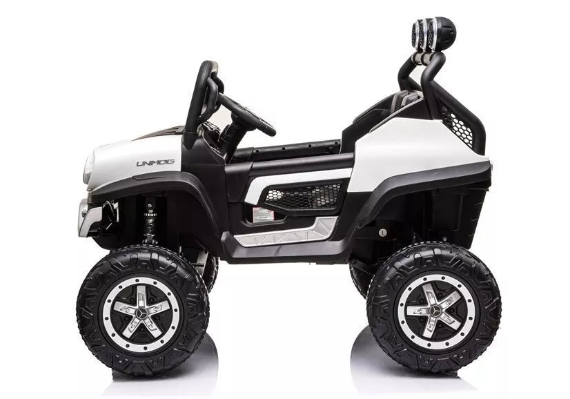 Elektrinis vaikiškas pasivažinėjimo automobilis Mercedes Unimog S, baltas.