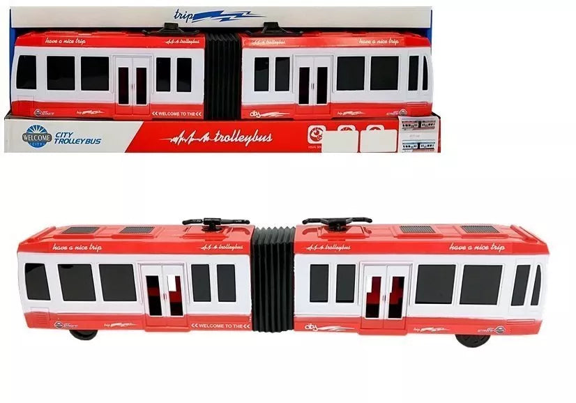 Raudonas lankstus autobusas su frikcine pavara