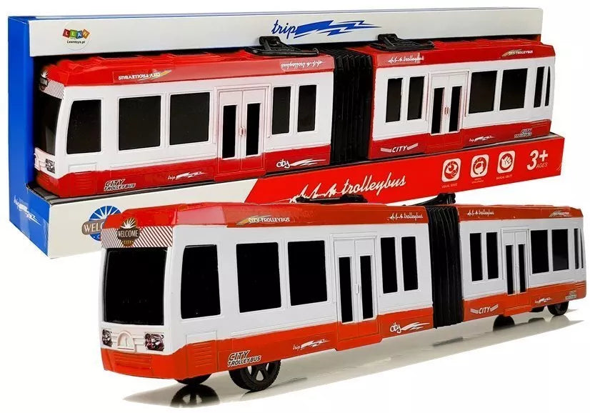 Raudonas lankstus autobusas su frikcine pavara