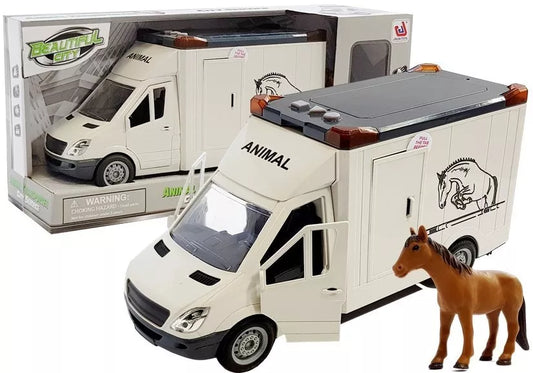 Baltas žaislinis arklių transporterio automobilis su šviesomis, garsais ir arkliuku