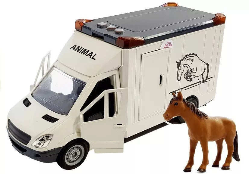 Baltas žaislinis arklių transporterio automobilis su šviesomis, garsais ir arkliuku