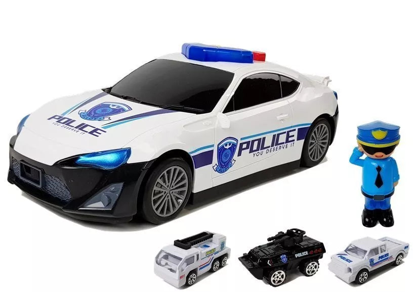 Policijos automobilis 2in1 su garažu, šviesomis ir garsais