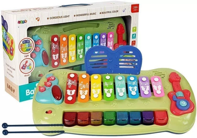 Vaikiškas pianinas su cimbolais, šviečiančiais klavišais ir melodijomis