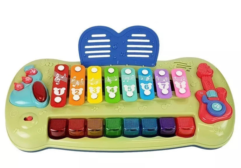 Vaikiškas pianinas su cimbolais, šviečiančiais klavišais ir melodijomis