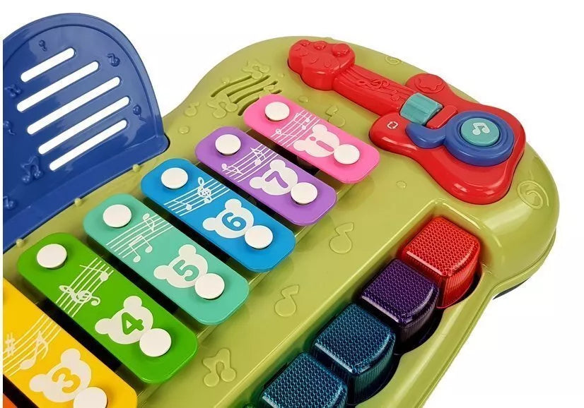 Vaikiškas pianinas su cimbolais, šviečiančiais klavišais ir melodijomis