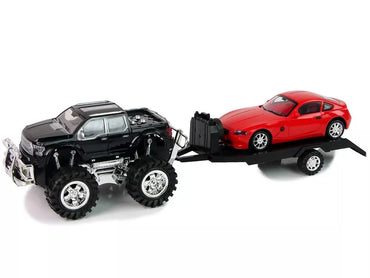 Transporto priemonių rinkinys: juodas Monster Truck, balta BMW ir priekaba (58 cm)