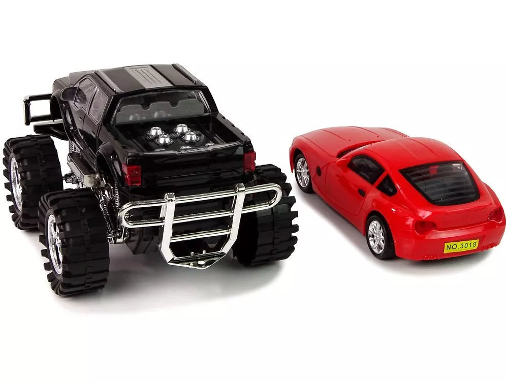 Transporto priemonių rinkinys: juodas Monster Truck, balta BMW ir priekaba (58 cm)