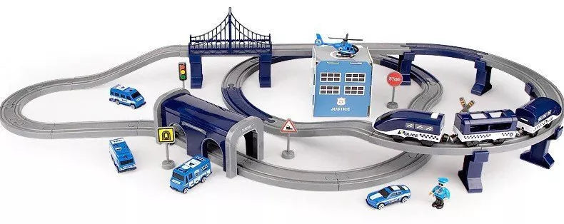 Policijos miesto traukinio rinkinys su bėgiais ir 5 transporto priemonėmis