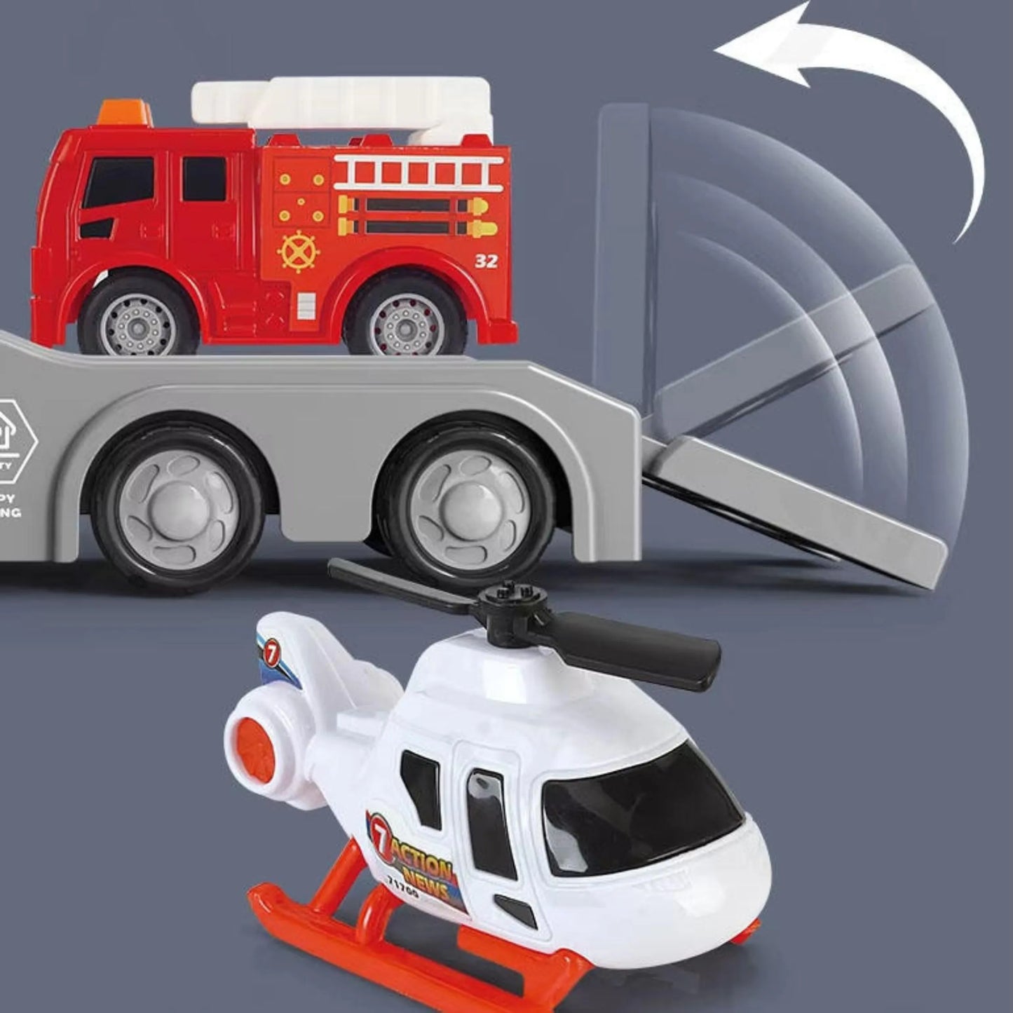 CITY TRUCK gaisrinės vilkikas su priekaba, sraigtasparniu ir gaisrine, 3+