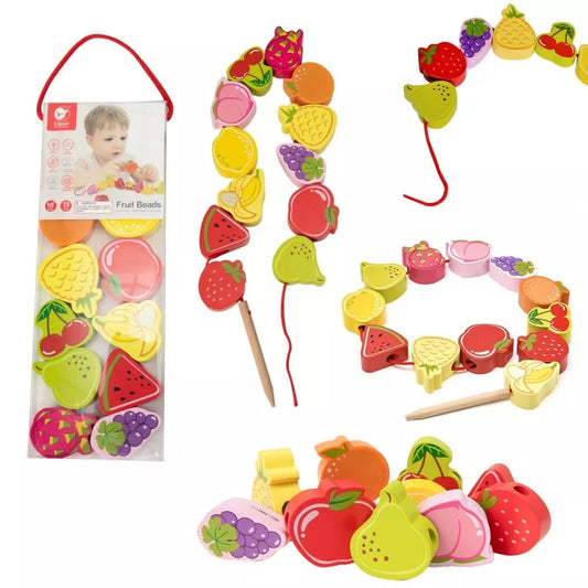 CLASSIC WORLD Mediniai siūlų vėrimo kaladėlės Vaisiai 13 vnt.