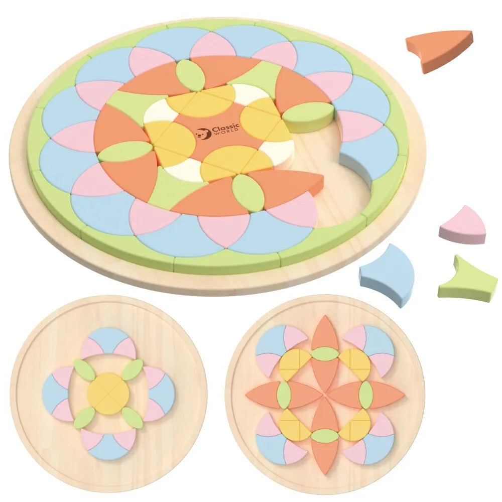 CLASSIC WORLD pastelinių spalvų Montessori mandala – gėlių mozaikos dėlionė vaikams