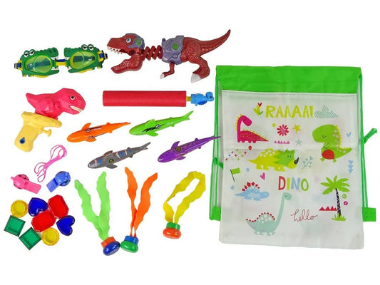 Dinozaurų nardymo rinkinys vaikams – žuvys, akiniai, vandens pistoletai, akmenukai