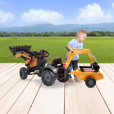 FALK CASE pedalinis traktorius su ekskavatoriaus kaušu ir priekaba, 2–5 metų vaikams
