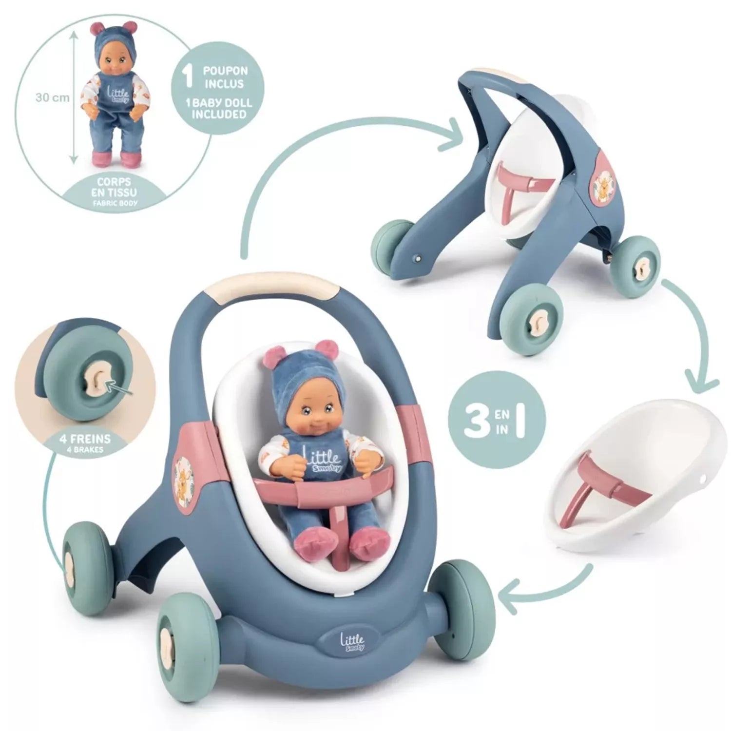 SMOBY Little Walker Pusher 3in1 vežimėlis kūdikiui + lėlė