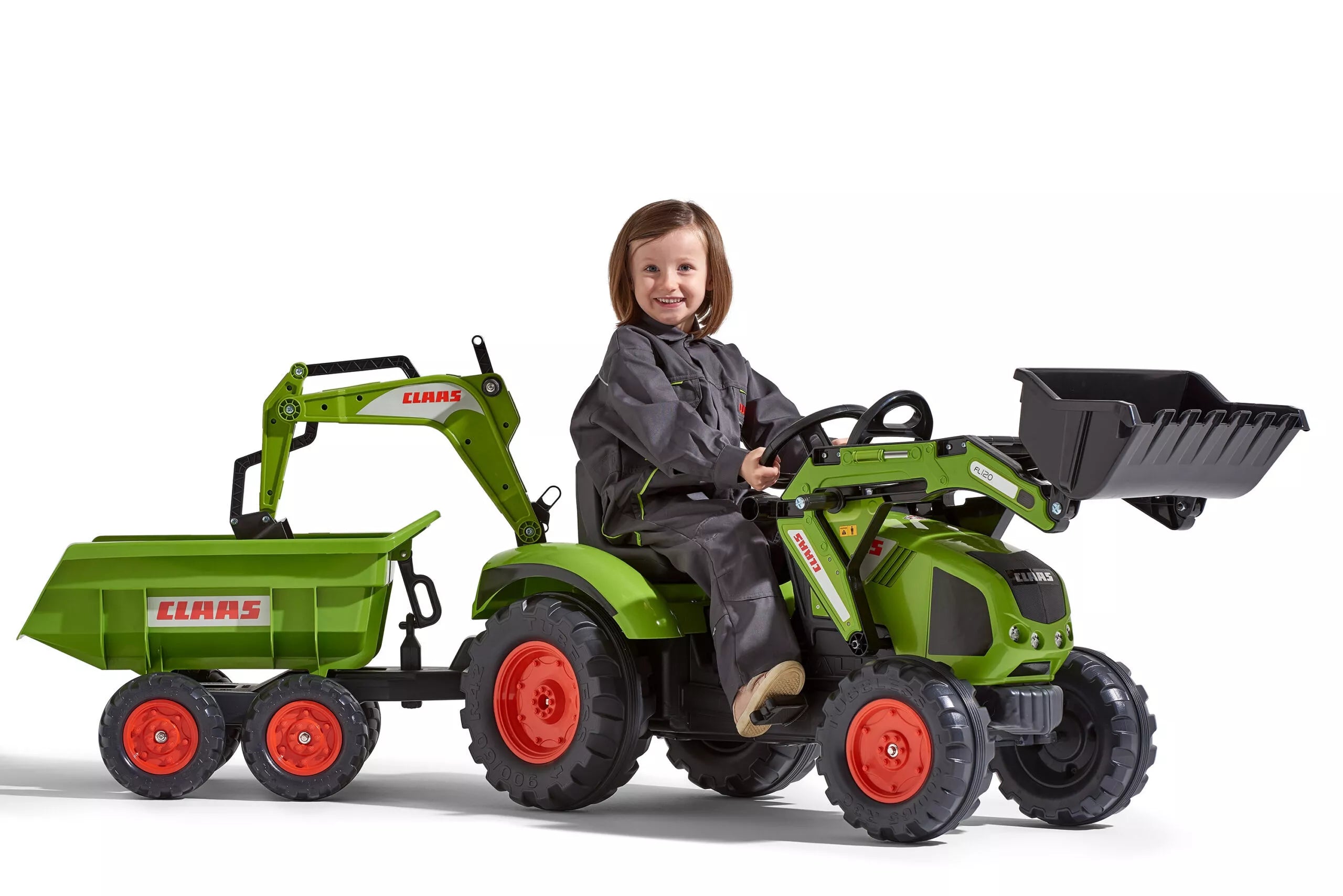 Falk Claas Axos 330 pedalinis traktorius su krautuvu, ekskavatoriumi ir maxi priekaba