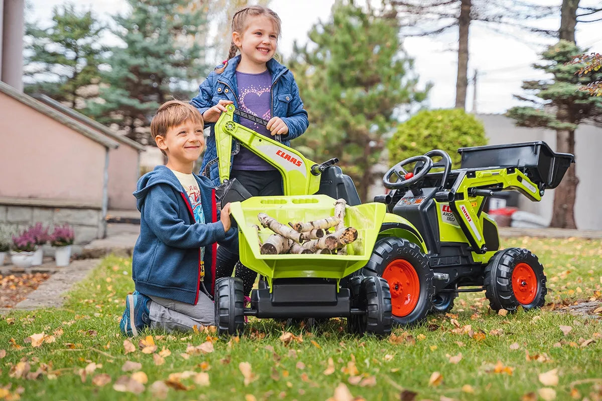 Falk Claas Axos 330 pedalinis traktorius su krautuvu, ekskavatoriumi ir maxi priekaba
