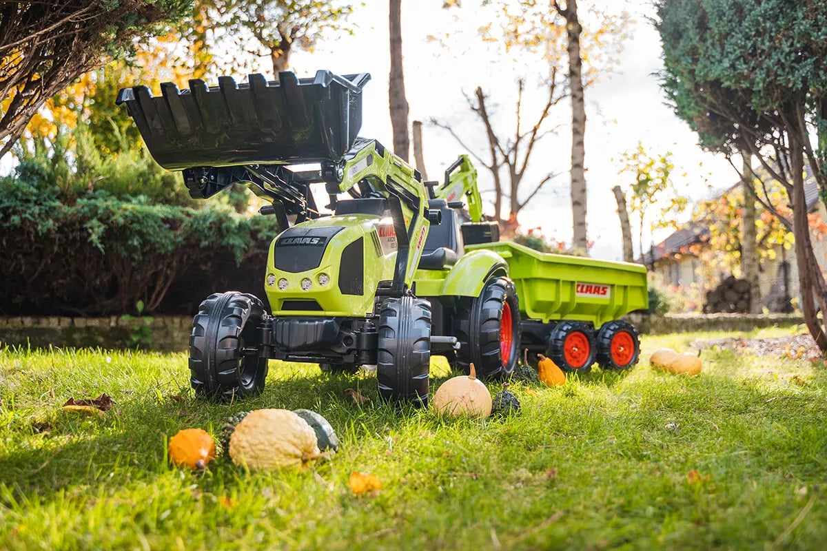 Falk Claas Axos 330 pedalinis traktorius su krautuvu, ekskavatoriumi ir maxi priekaba