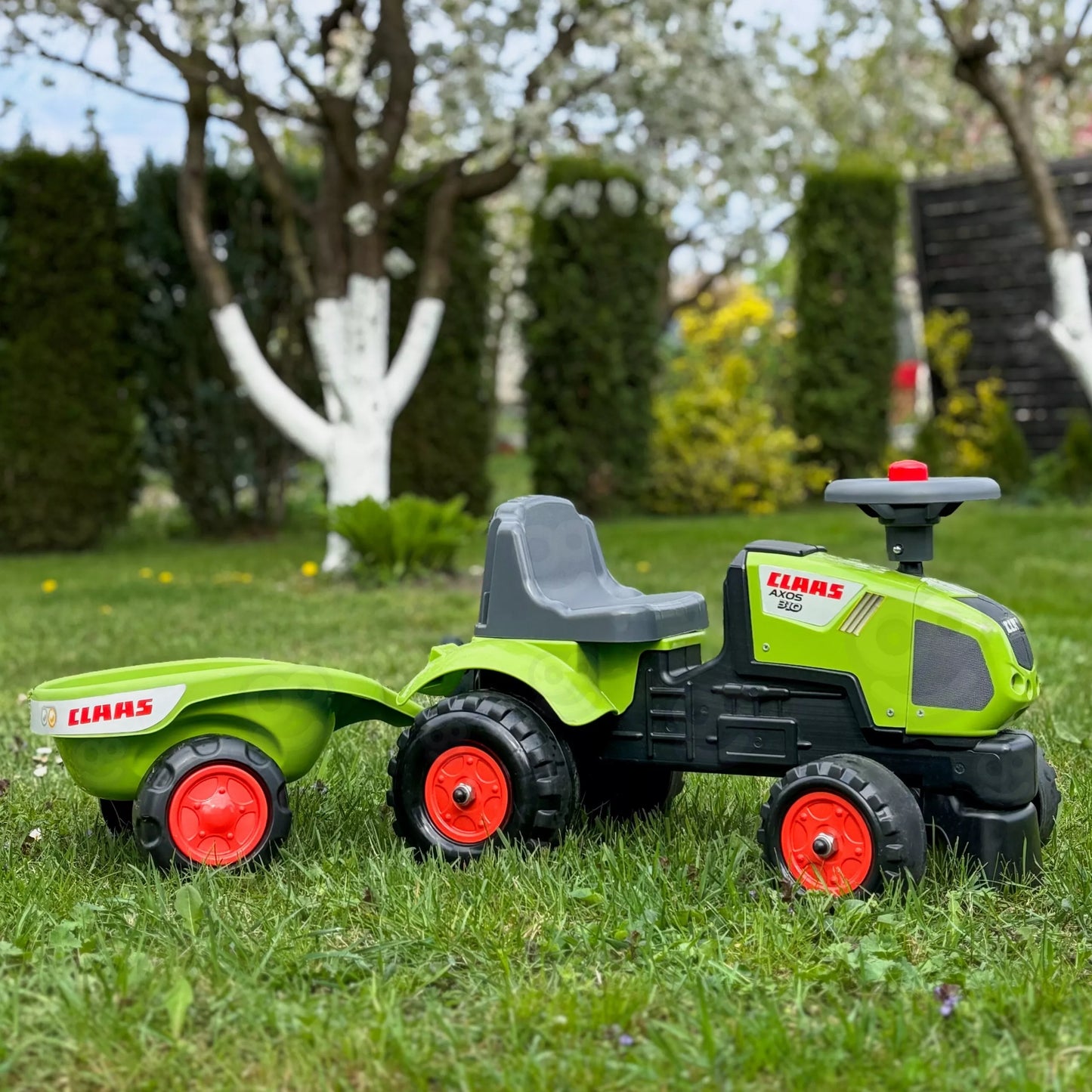 Falk Baby Claas Axos 310 traktoriukas–stumdukas su priekaba