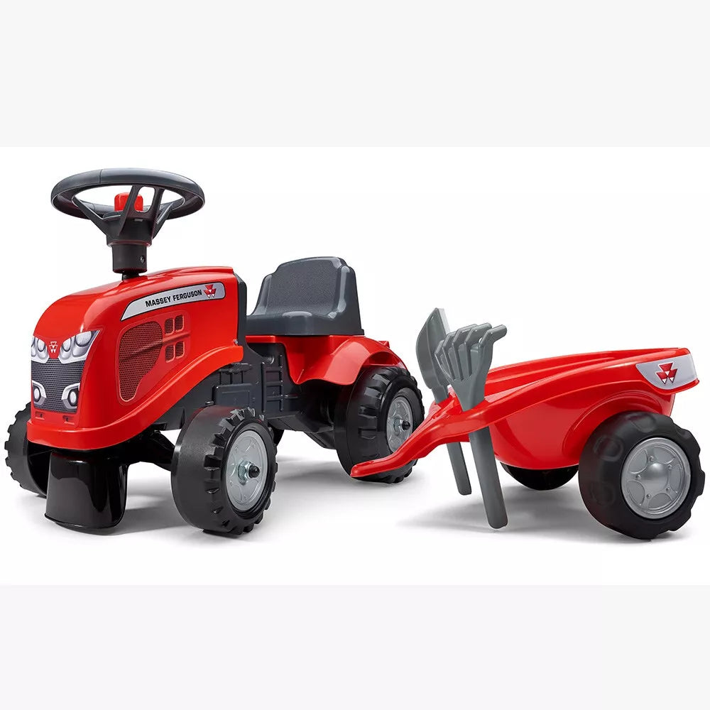 Falk Baby Massey Ferguson traktoriukas–stumdukas su priekaba, įrankiais ir lipdukais