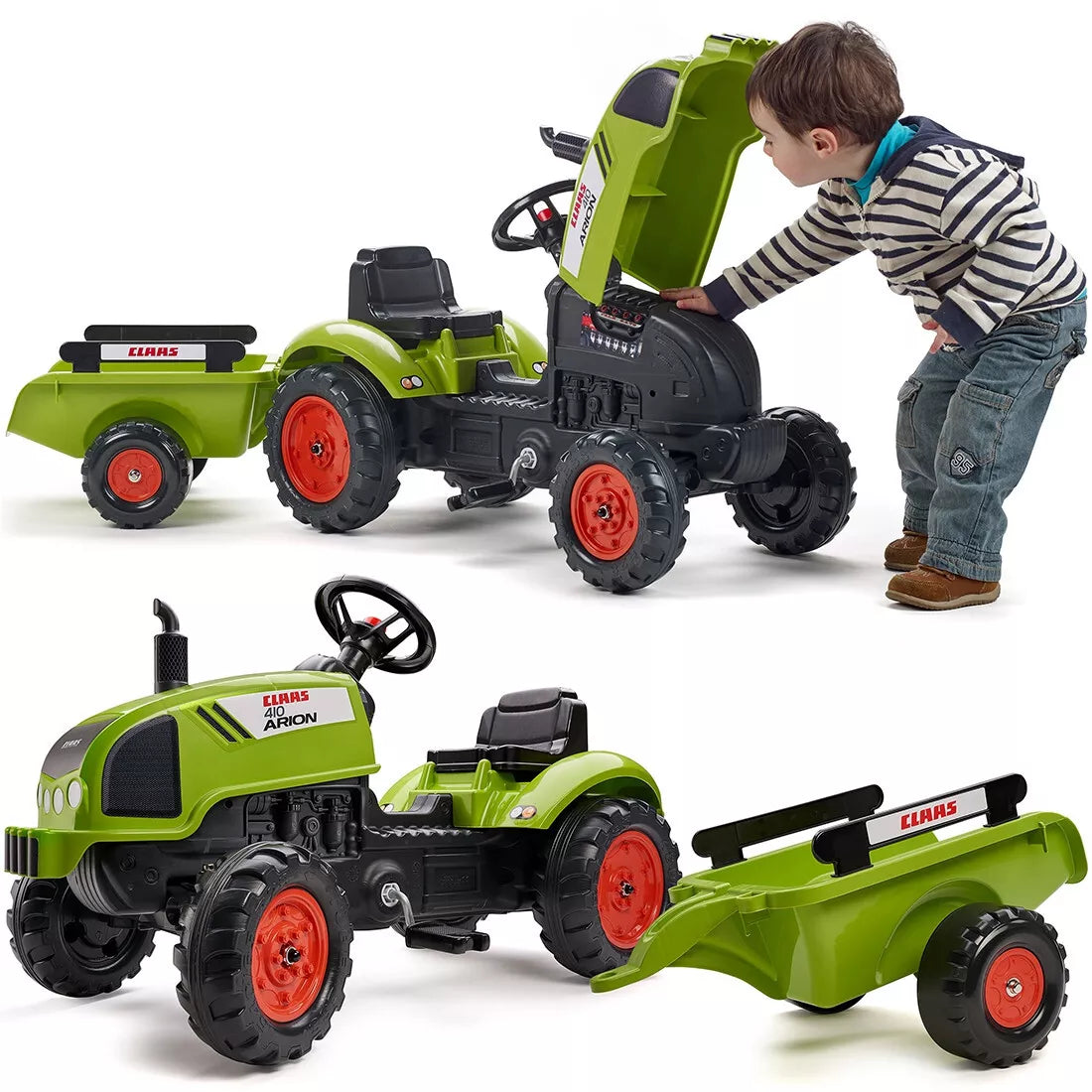 Falk Claas Arion 410 pedalinis traktorius iš 75% perdirbto plastiko su priekaba