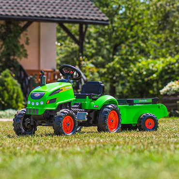 Falk Green Pedal X pedalinis traktorius su priekaba ir atsidarančiu kapotu