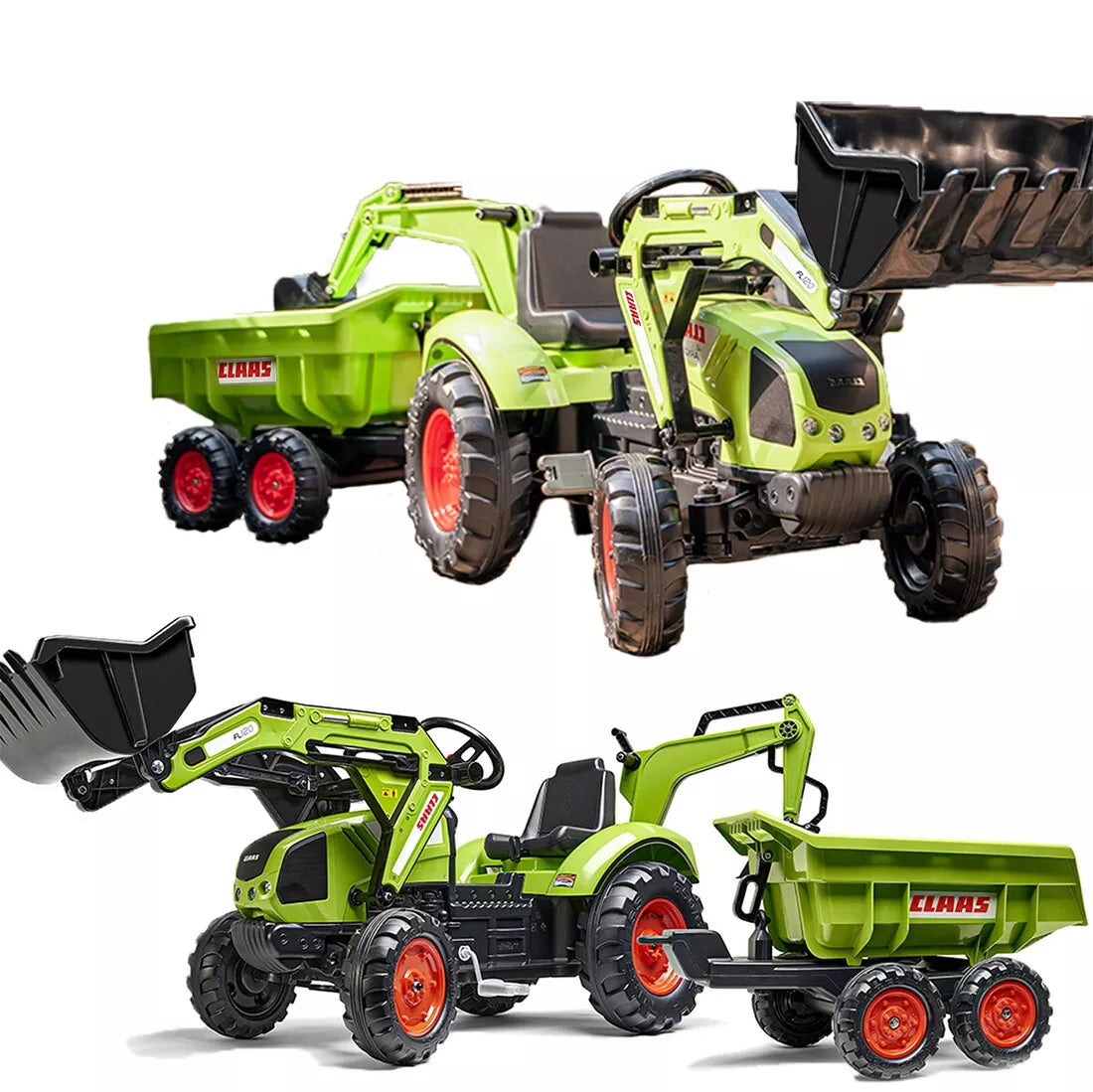 Falk Claas Axos 330 pedalinis traktorius su krautuvu, ekskavatoriumi ir maxi priekaba