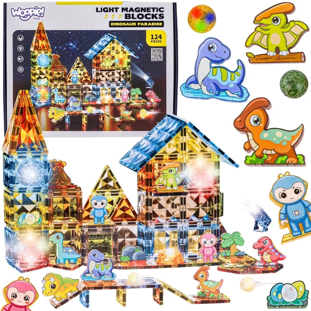 WOOPIE magnetiniai konstruktoriai, šviečiantys 3D dinozaurų parkas, 124 vnt.