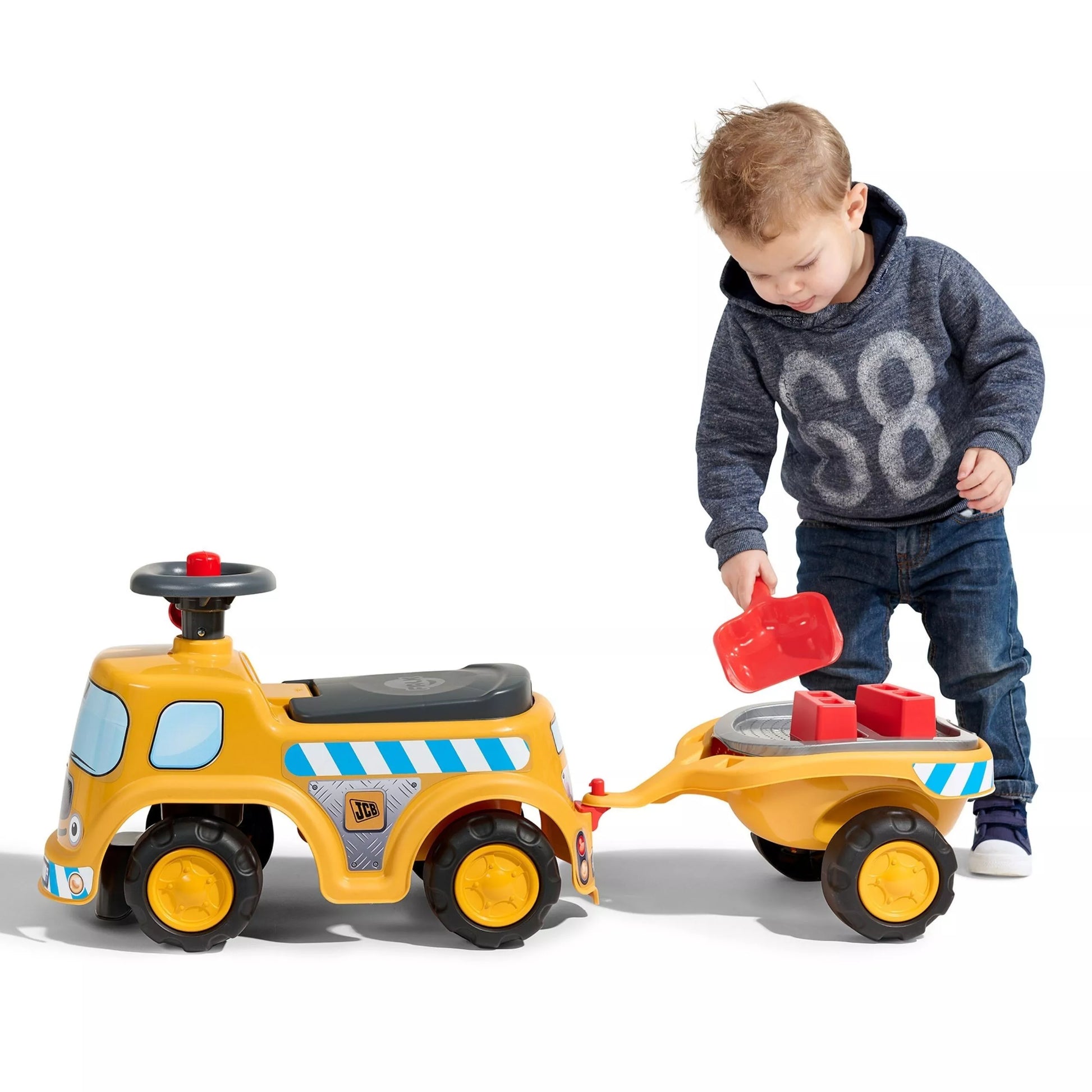 Falk JCB statybinis stumdomas sunkvežimis su priekaba ir smėlio įrankiais