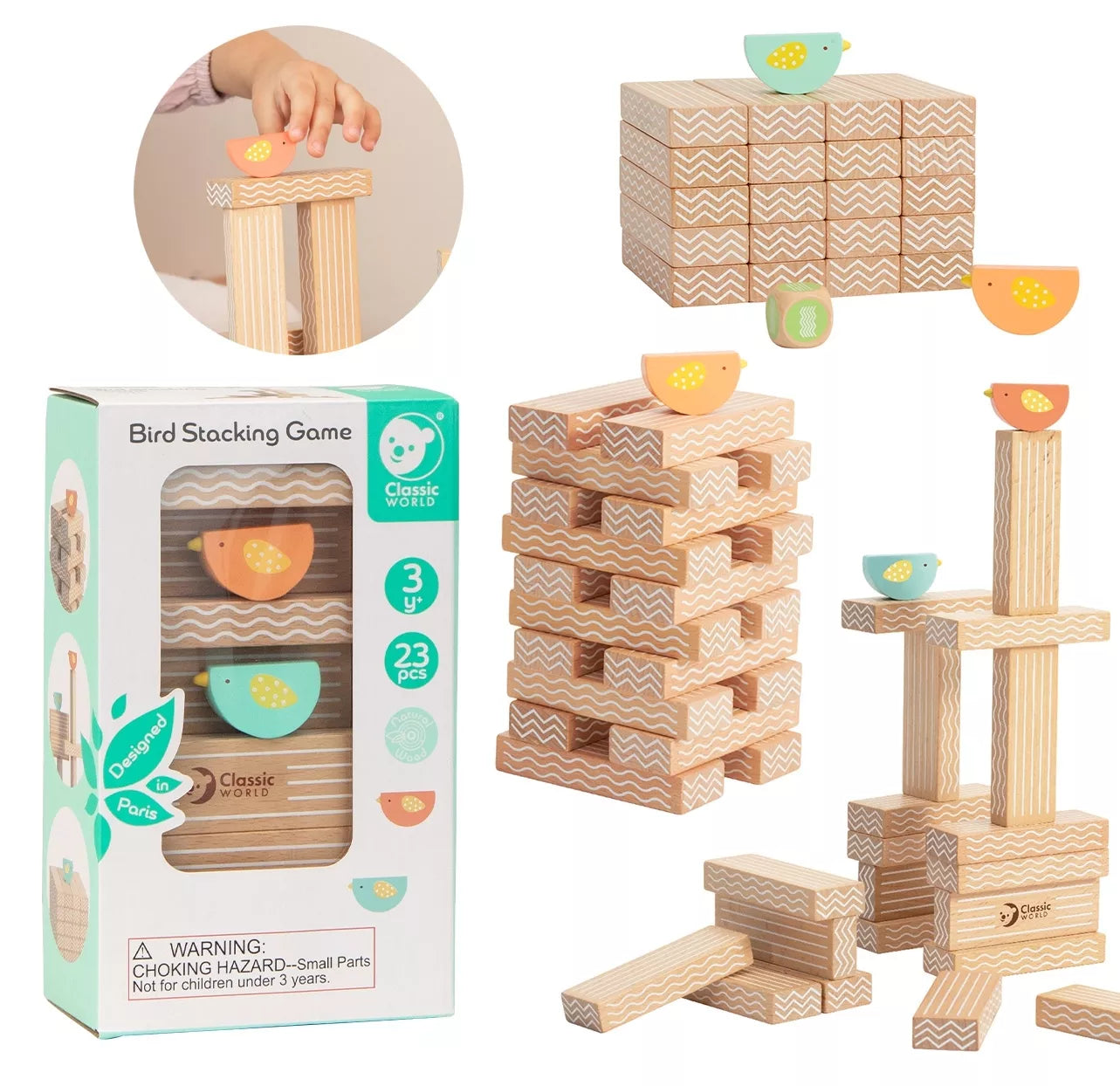 KLASIKINIS PASAULIS Medinis mokomasis žaidimas Shaky bokštas išdėstymo blokai 23vnt