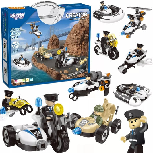 WOOPIE Statybinės trinkelės Statyti policijos transporto priemones 8 Modeliai STEAM – Tapk miesto herojumi!