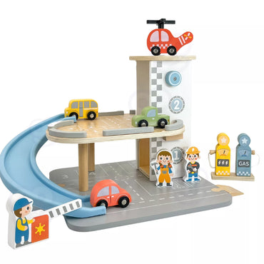 WOOPIE GREEN Medinė Dviaukštė automobilių stovėjimo aikštelė 2in1 Degalinė su automobiliais ir figūrėlėmis 12 vnt. FSC