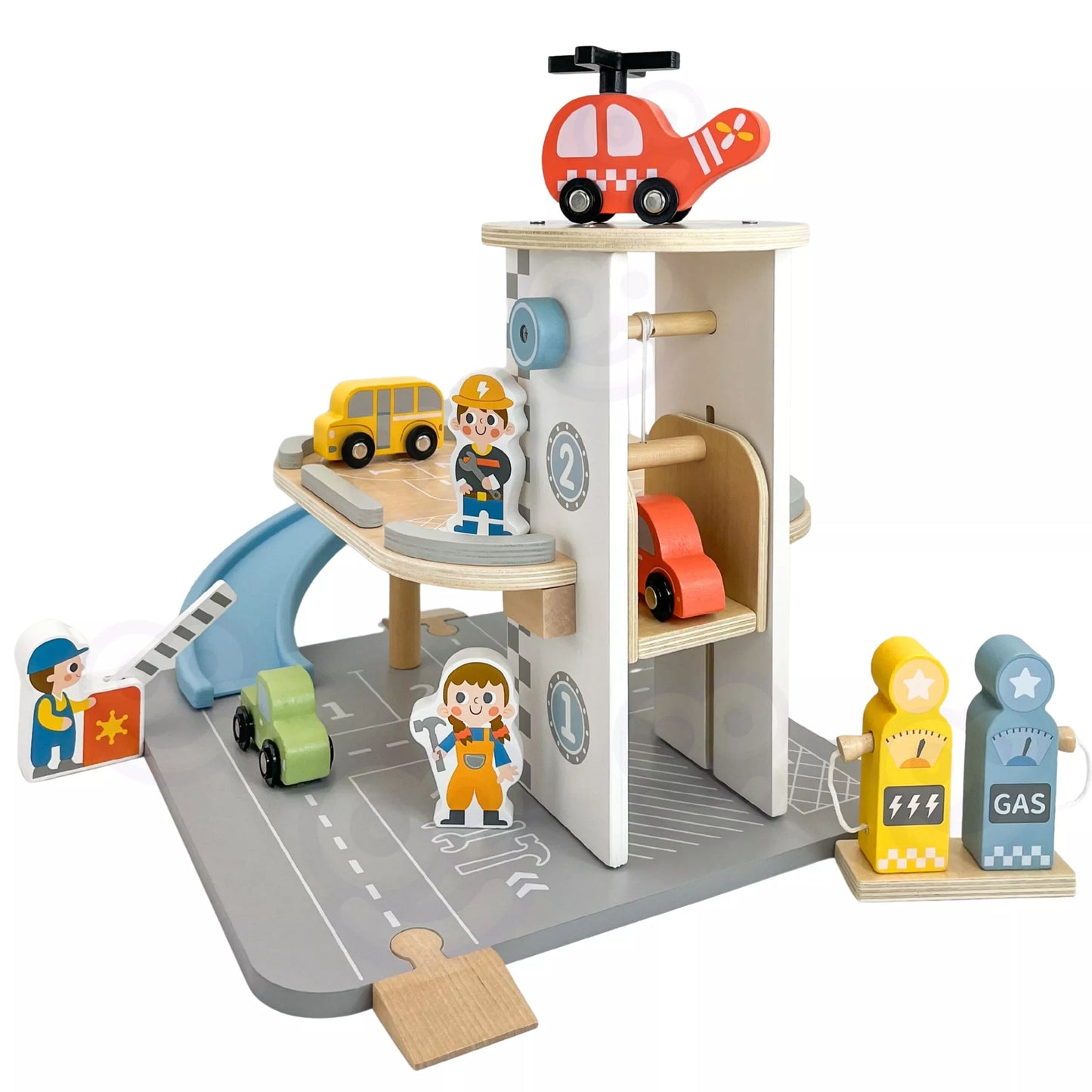 WOOPIE GREEN Medinė Dviaukštė automobilių stovėjimo aikštelė 2in1 Degalinė su automobiliais ir figūrėlėmis 12 vnt. FSC