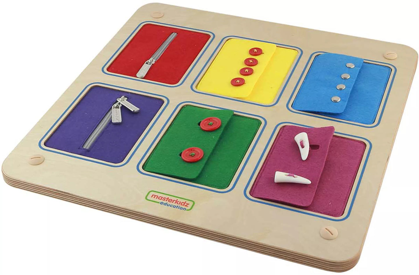MASTERKIDZ Montessori sieninė lenta su atidarymo ir uždarymo užraktais, slankikliais ir sagomis