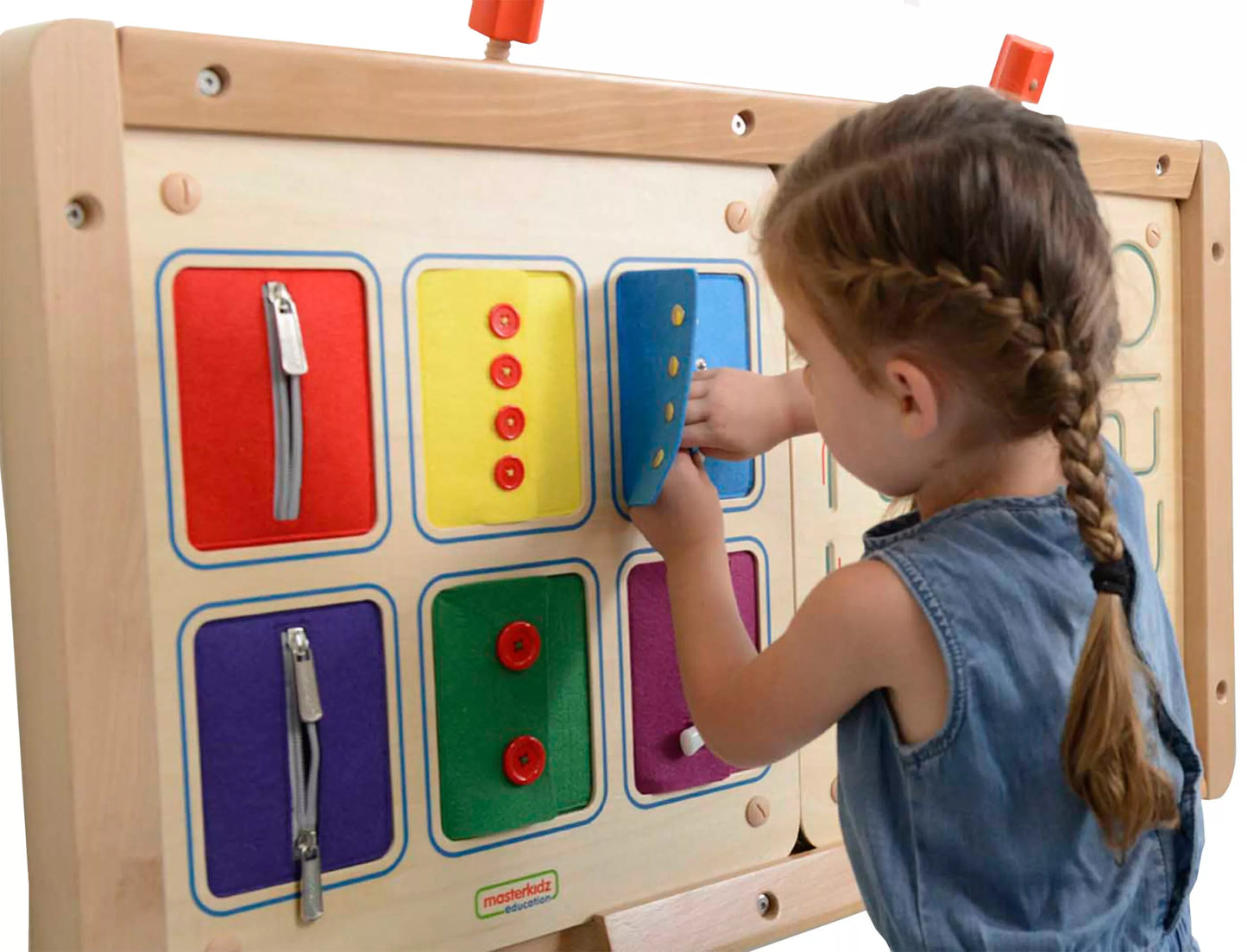 MASTERKIDZ Montessori sieninė lenta su atidarymo ir uždarymo užraktais, slankikliais ir sagomis