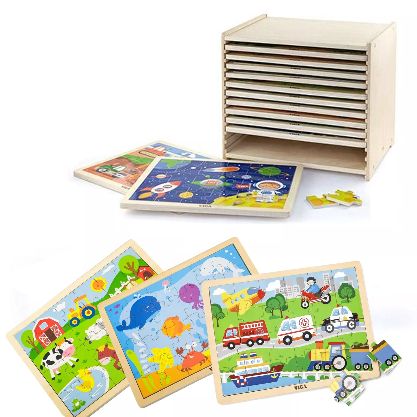 „Viga“ medinių dėlionių rinkinys, 12 dėlionių po 24 detales, ant stovo