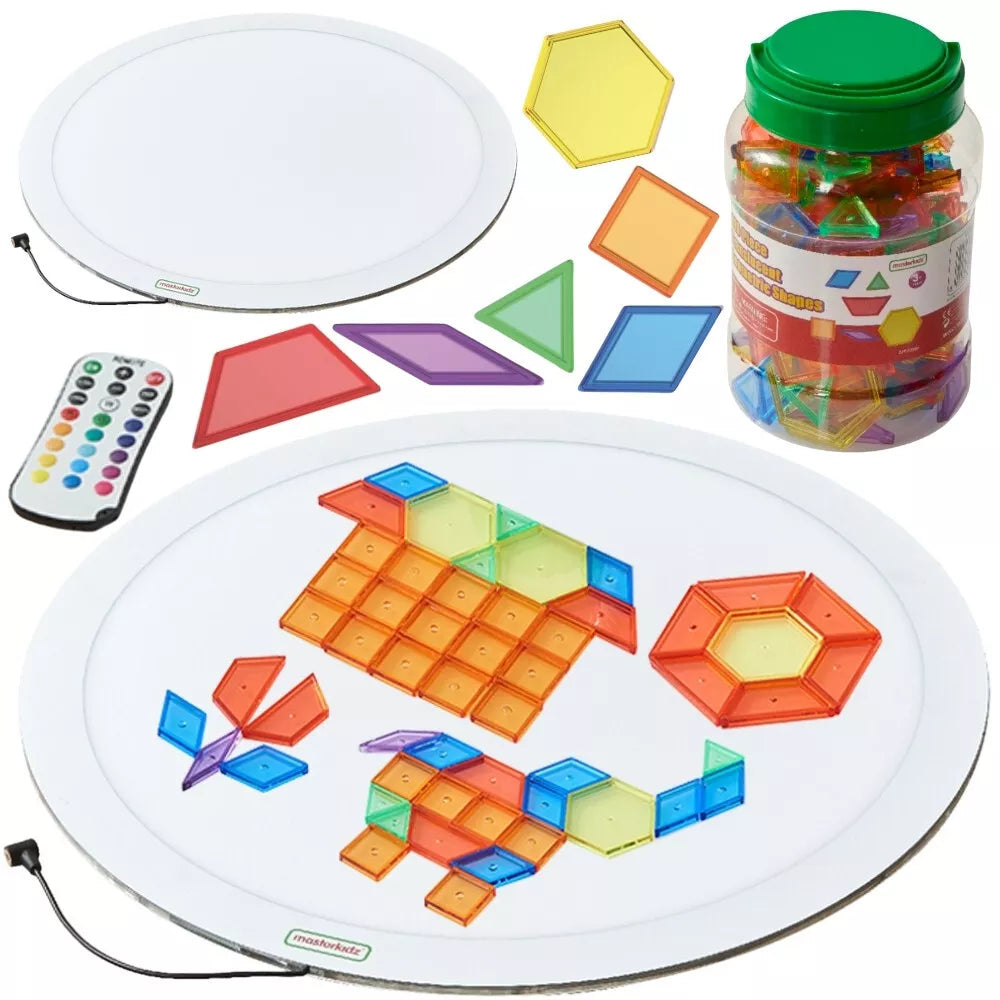 Masterkidz apvalus LED šviesos panelis (spalvotas) + Montessori mozaikos blokai 140 vnt.