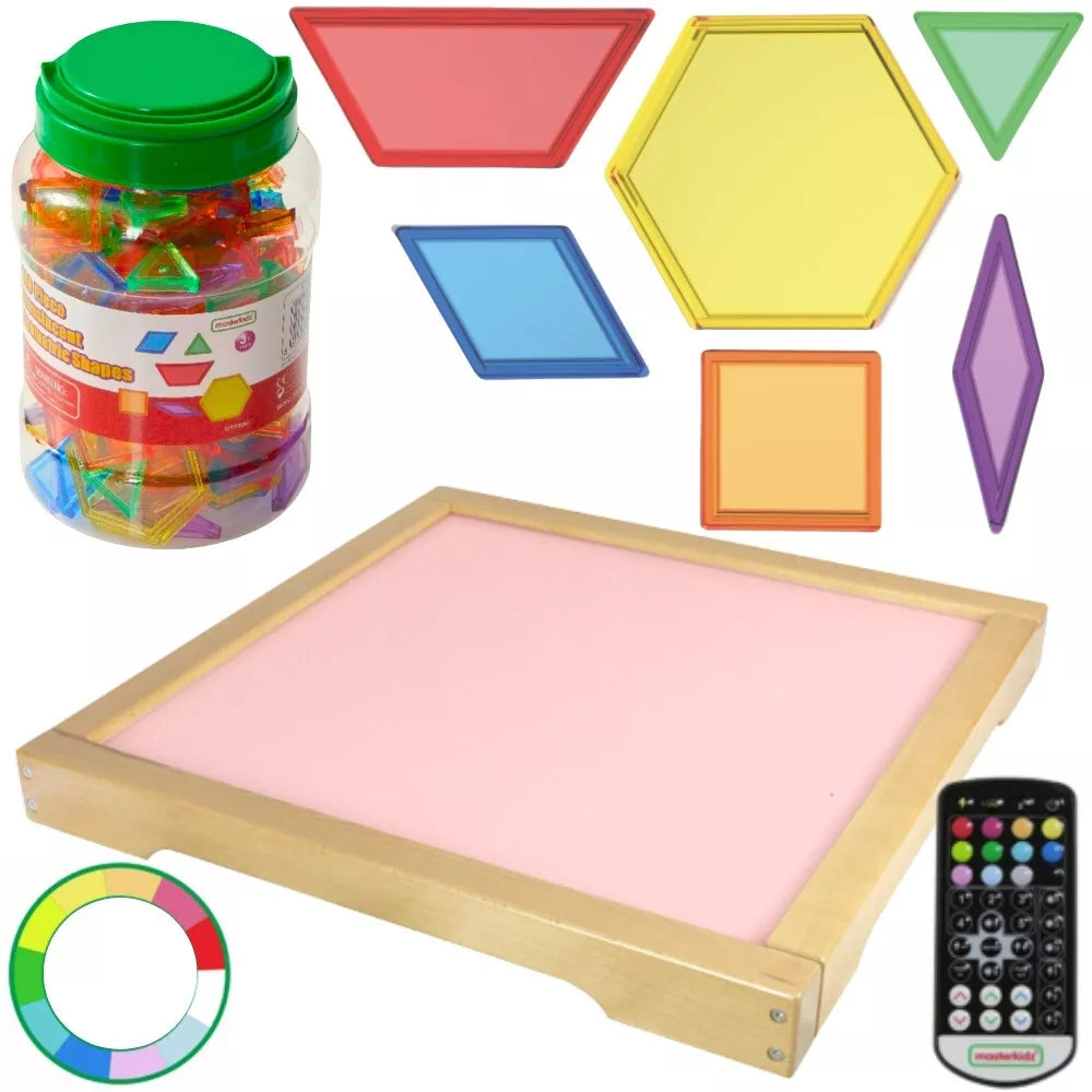 Masterkidz LED šviesos panelė, keičianti spalvas su nuotolinio valdymo pultu + Montessori mozaikos blokai (140 vnt.)
