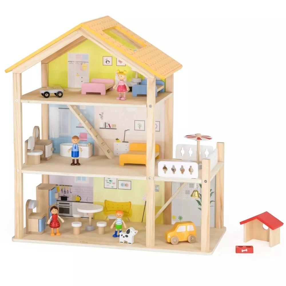 VIGA medinis lėlių namelio rinkinys su lėlėmis ir aksesuarais