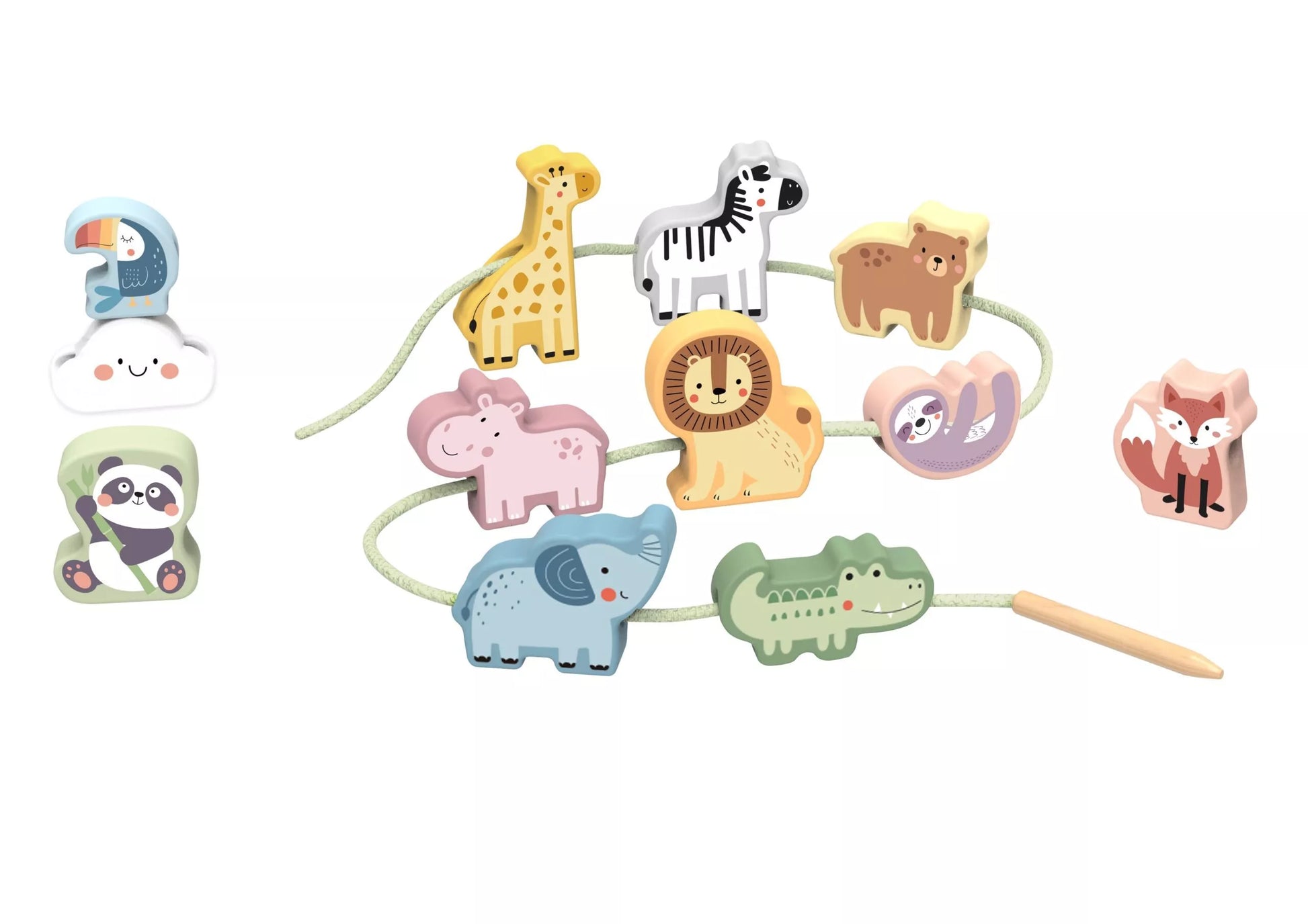 WOOPIE GREEN mediniai siūlų vėrimo kaladėlės, susipynusios ZOO Montessori, 13 vnt.