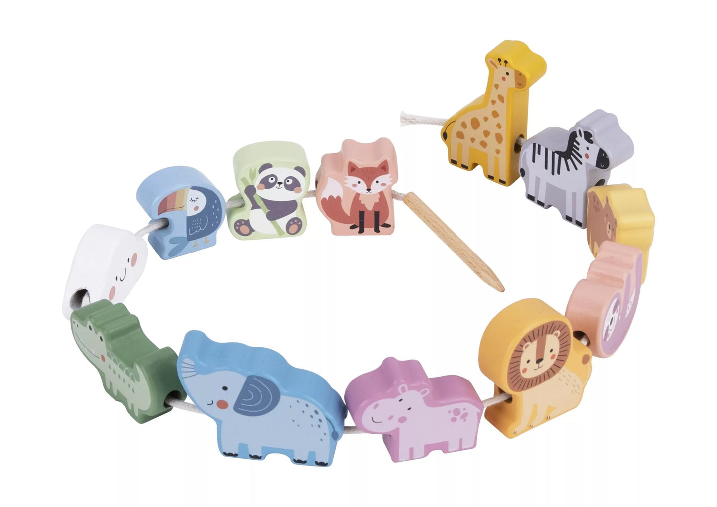 WOOPIE GREEN mediniai siūlų vėrimo kaladėlės, susipynusios ZOO Montessori, 13 vnt.