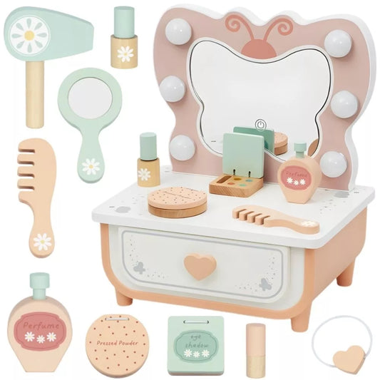 TOOKY TOY Medinis Tualetas Drugelio priedai Veidrodis su LED Apšvietimu + Kosmetika