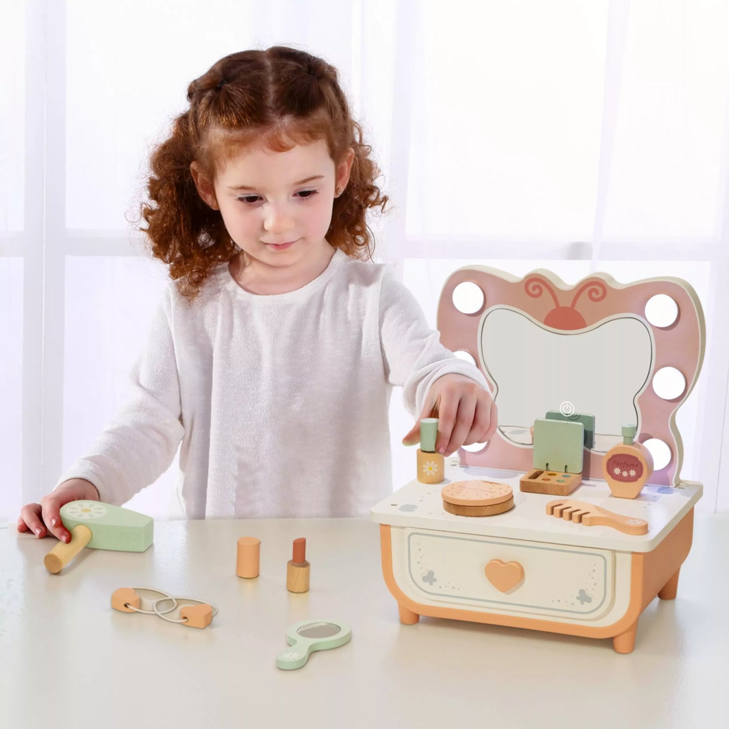 TOOKY TOY Medinis Tualetas Drugelio priedai Veidrodis su LED Apšvietimu + Kosmetika