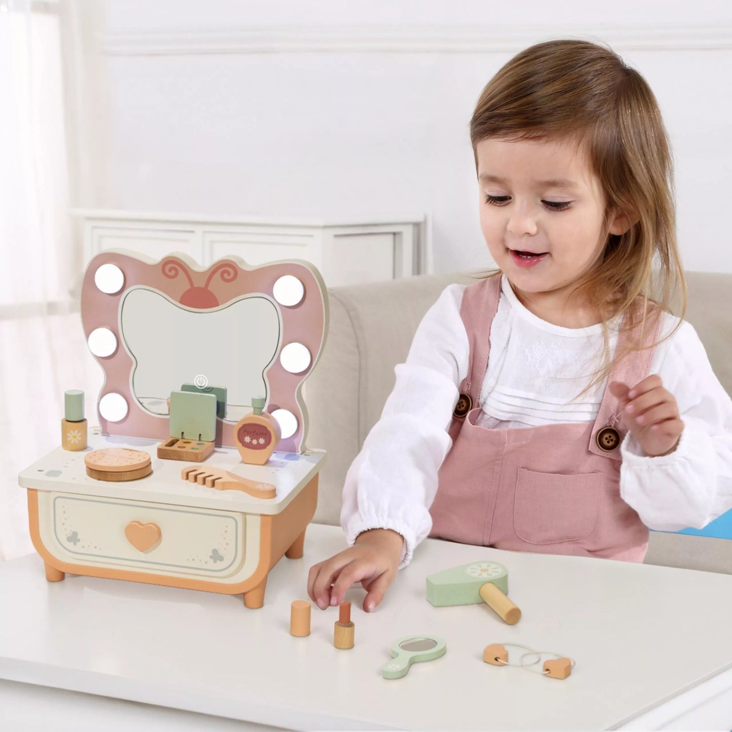 TOOKY TOY Medinis Tualetas Drugelio priedai Veidrodis su LED Apšvietimu + Kosmetika