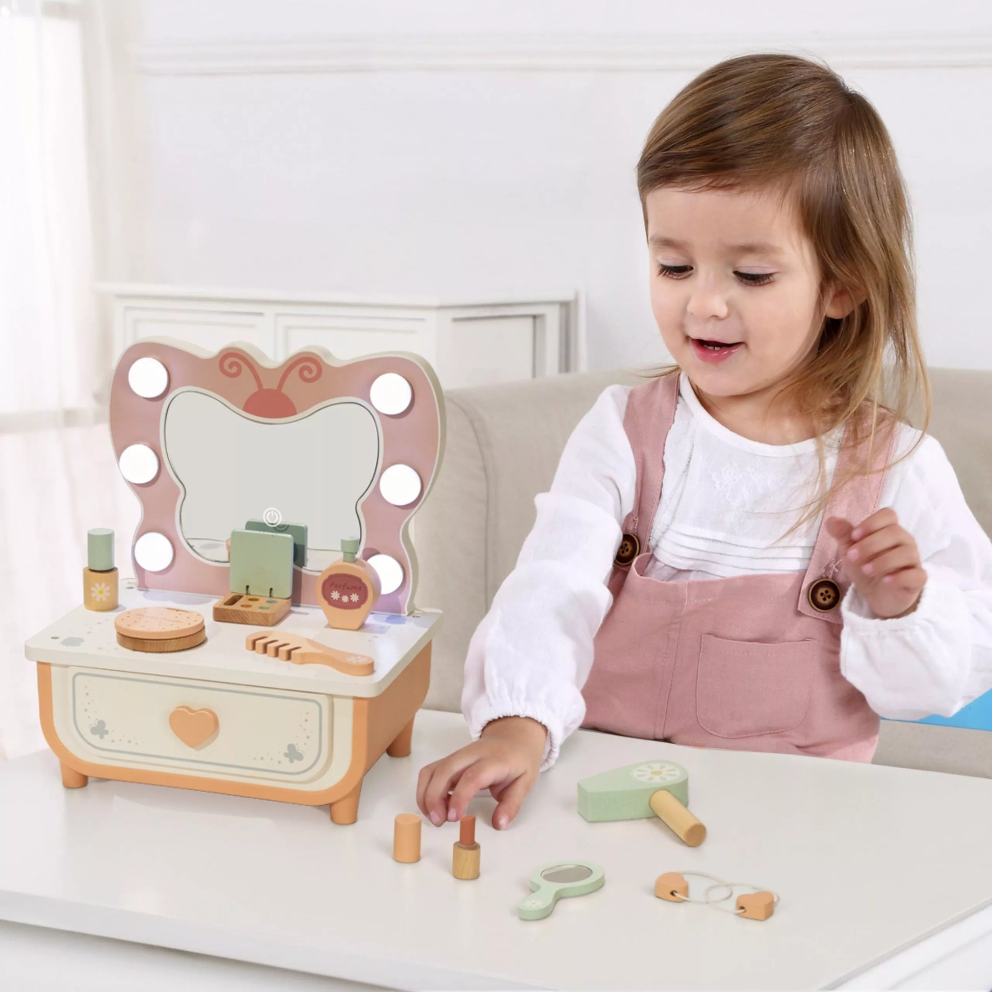 TOOKY TOY Medinis Tualetas Drugelio priedai Veidrodis su LED Apšvietimu + Kosmetika