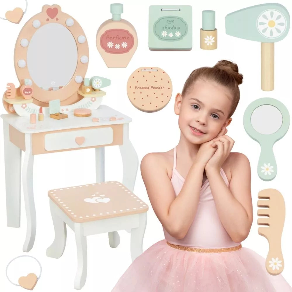 TOOKY TOY Medinis Tualetas su Kėdžių Priedais Veidrodis su LED Apšvietimu + Kosmetika