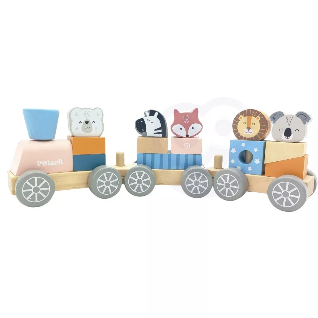 VIGA PolarB medinis traukinukas su vežimėliais ir gyvūnais Montessori krūvoms statyti