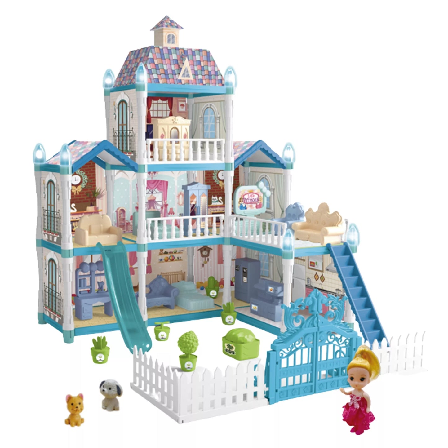 WOOPIE lėlių namelio žiemos sodas su aksesuarais ir lėlėmis, apšviestas.