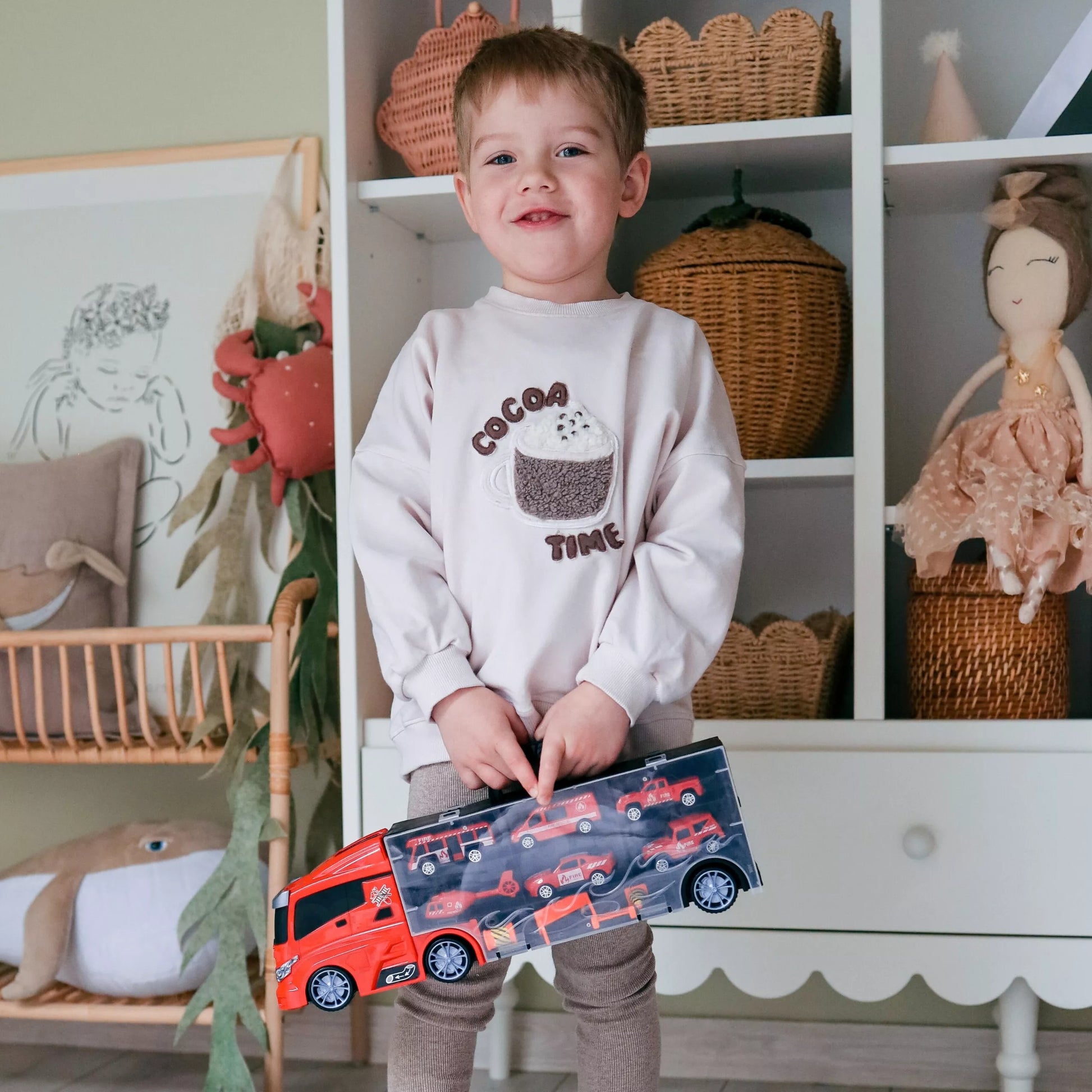 WOOPIE 3in1 gaisrinės sunkvežimis su paleidimo funkcija, 5 automobiliais ir sraigtasparniu