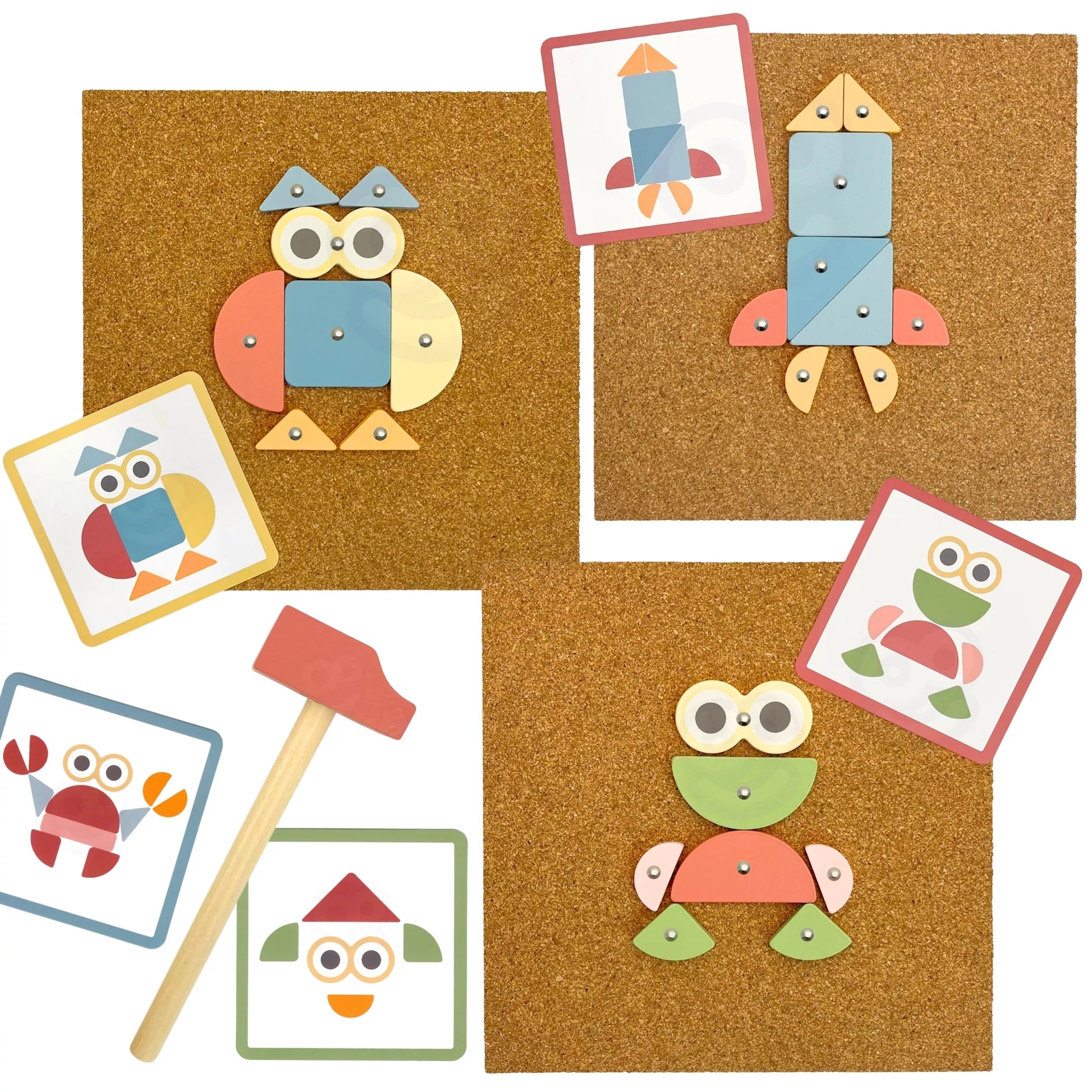 WOOPIE GREEN medinis dėlionės plaktukas su vinimis, 20 raštų, 82 vnt.