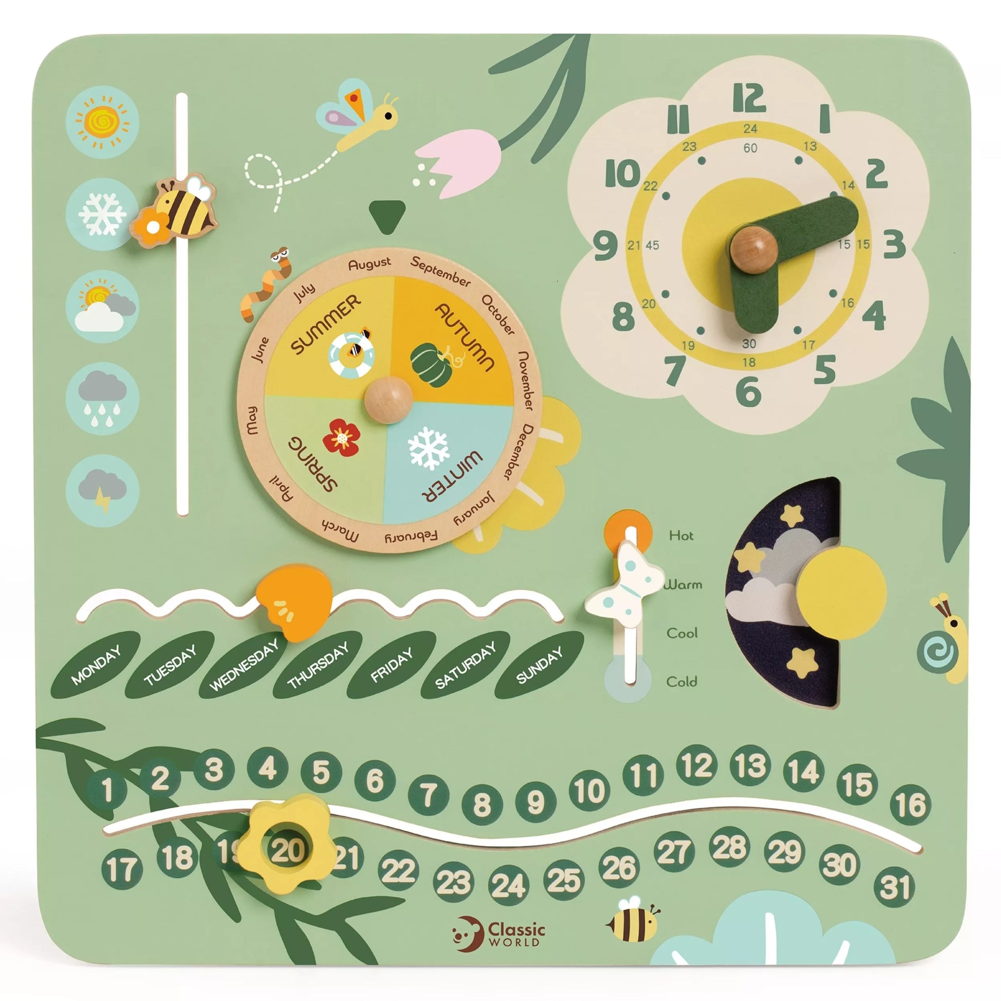 CLASSIC WORLD Medinė manipuliacinė lenta „Mano pirmasis kalendorius“ Laikrodis vaikams